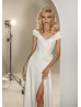 Cap Sleeves Ivory Glitter Slit Wedding Dress